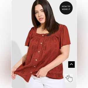 Torrid Embroidered Square Neck Flutter Short Sleeve Top plus 1X brown rust Fall